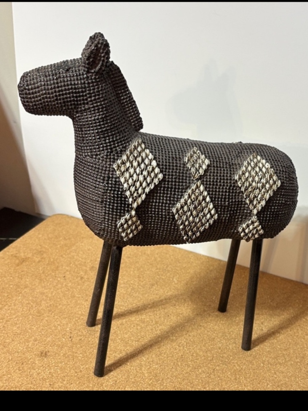Black Dark Brown Beaded Horse Animal Llama Sculpture Silver White Accents Art